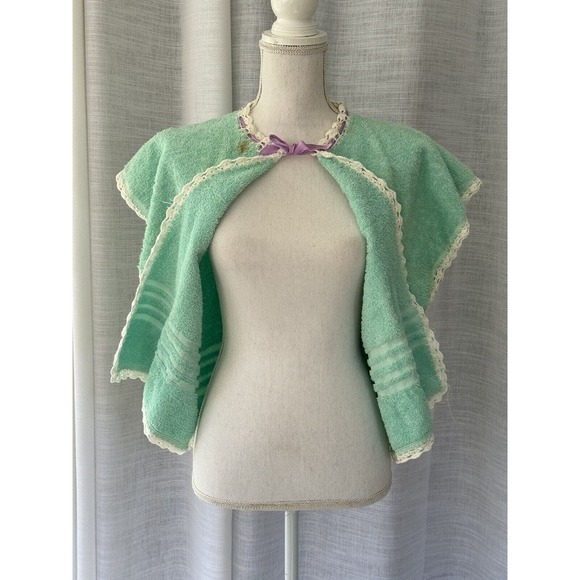 Aqua Green Terry Towel Crop Vest Bath Cover Mid- Century Crochet Violet Flowers - Picture 7 of 9